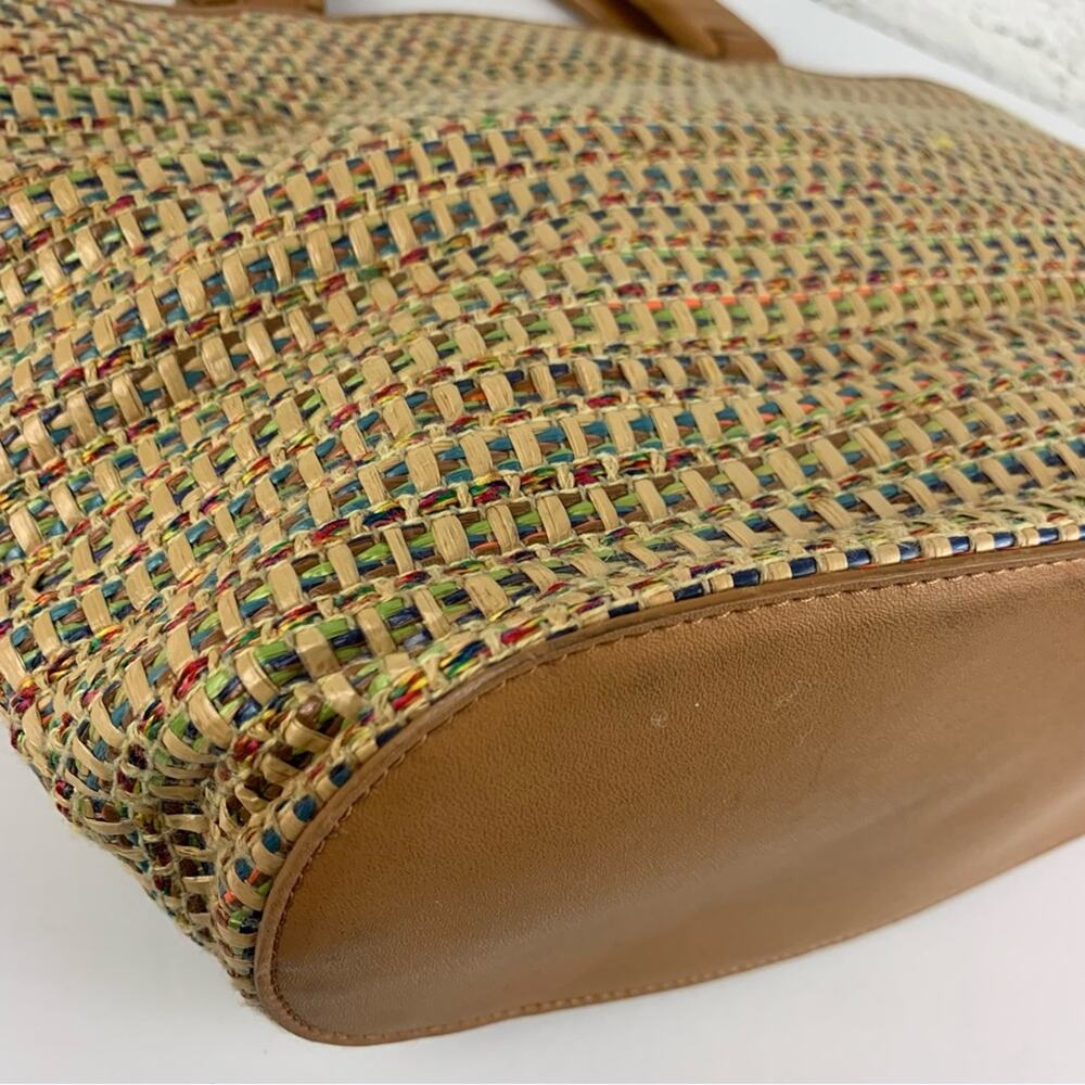 Fossil Vintage Wooden Handle Rainbow Multicolored Woven Rattan Straw Tote - Picture 12 of 15